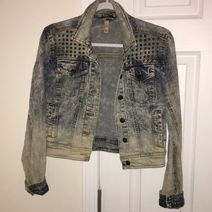 Distressed Long Sleeve Denim Jacket with Studs